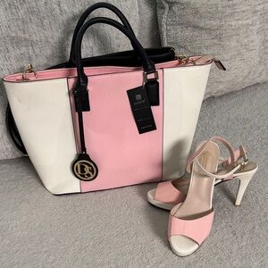 Daisen Pink and White Colorblock Tote with Black Handles